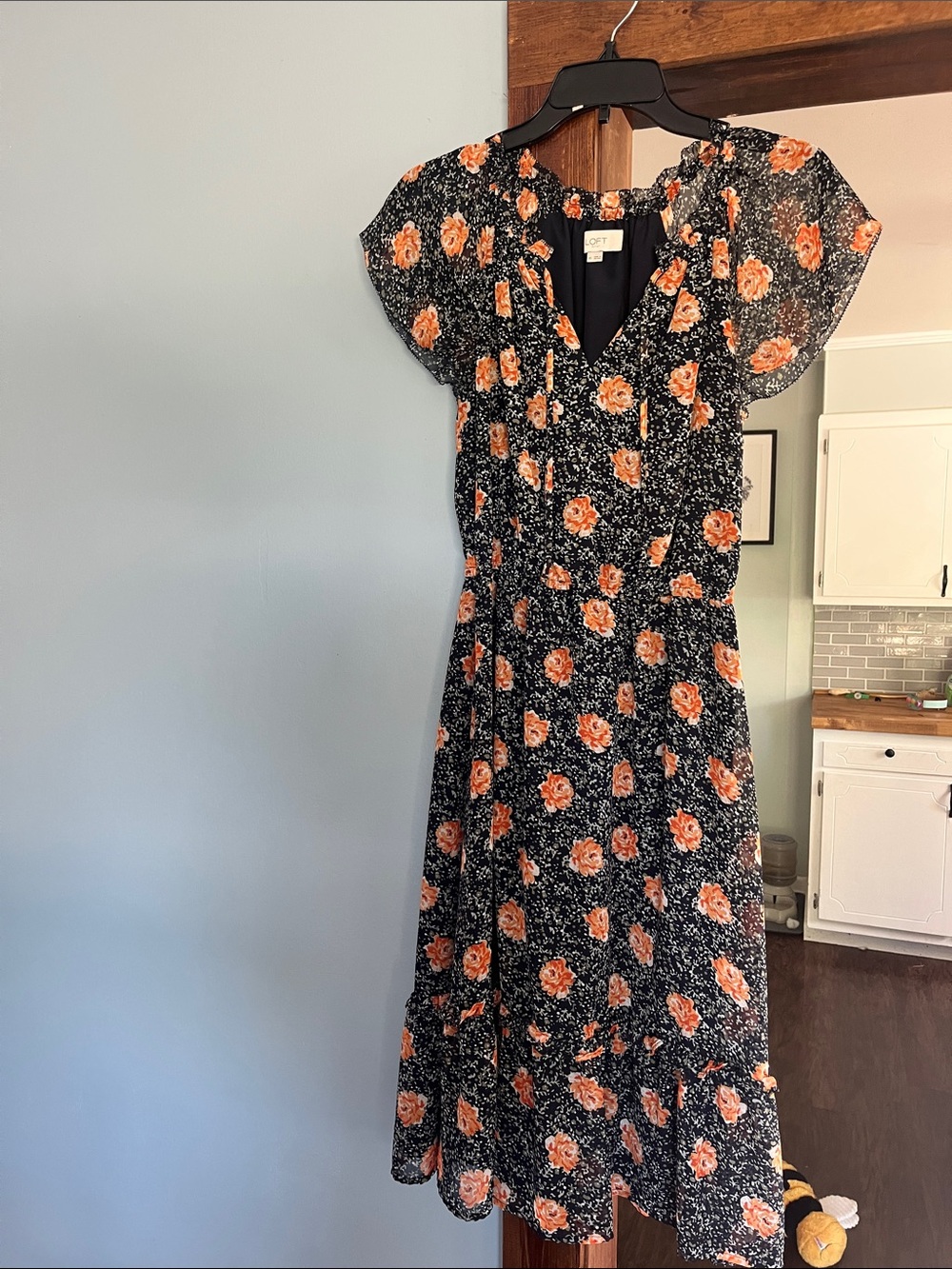 LOFT Black Midi Dress with Coral-Orange Floral Print